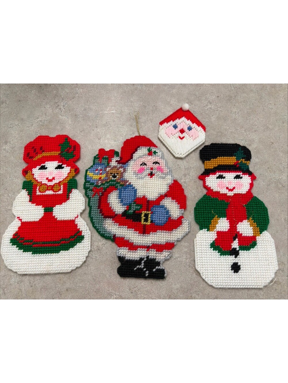 Vintage Christmas Needlepoint Plastic Canvas 10” Santa Snowman Snowwoman Lot 4